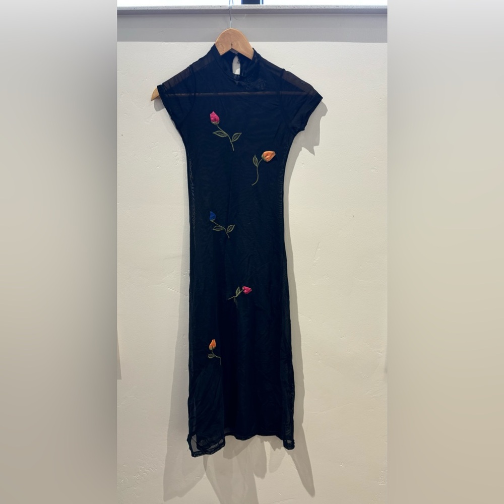 Vintage Mesh Dress Embroidered Flowers